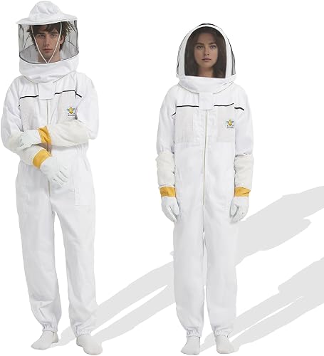 QHZHANG 3-Layer Ventilated Beekeeping Suit with 2 Veils & Goatskin Gloves, Sting Proof for Men & Women