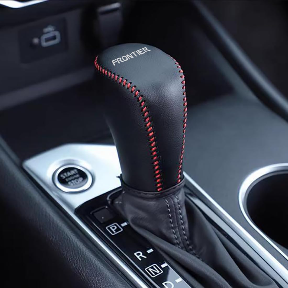 XITER For Genuine Leather Gear Shift Knob Cover Car Protect Accessories Case For Nissan Frontier 2022 2023 2024 2025 2026 (Black Stitches)