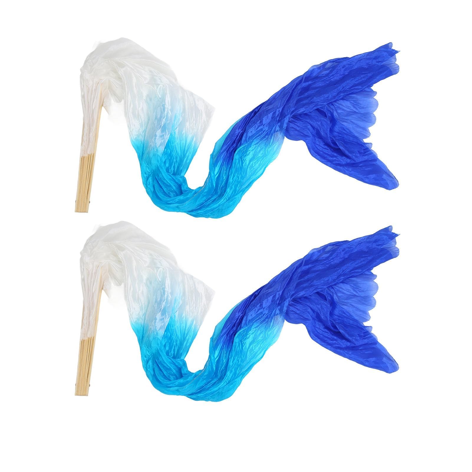 HERCHR 2Pcs Silk Belly Dance Fan, 1.5m Artificial Silk Dancing Bamboo Square Dancing Fan Dance Props for Group Performance, Belly White Cyan Blue