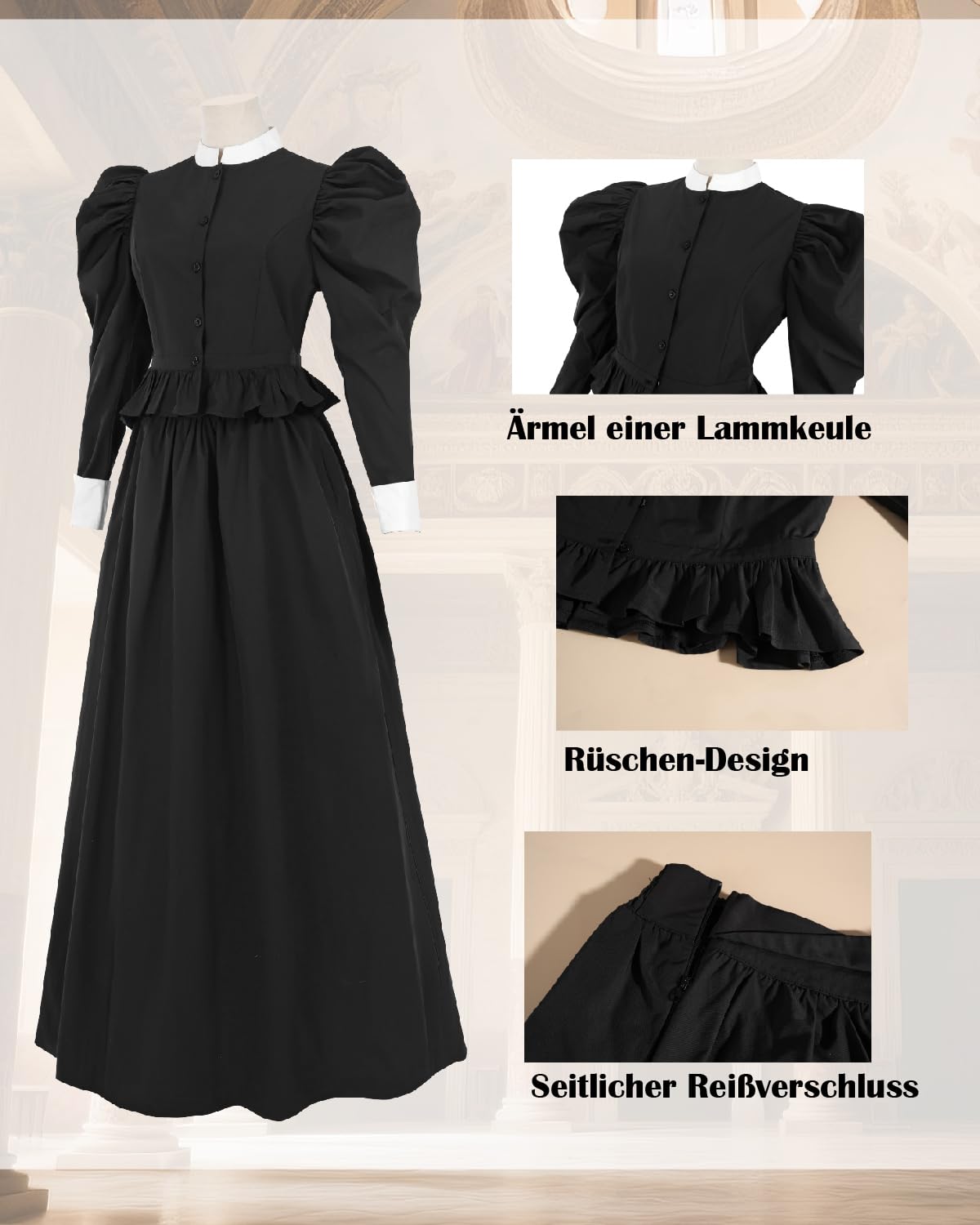 CR ROLECOS Abito Vittoriano Nero Donne 2 Pezzi Abiti 19 secolo Gotico Ball Dress Costume Edoardiano