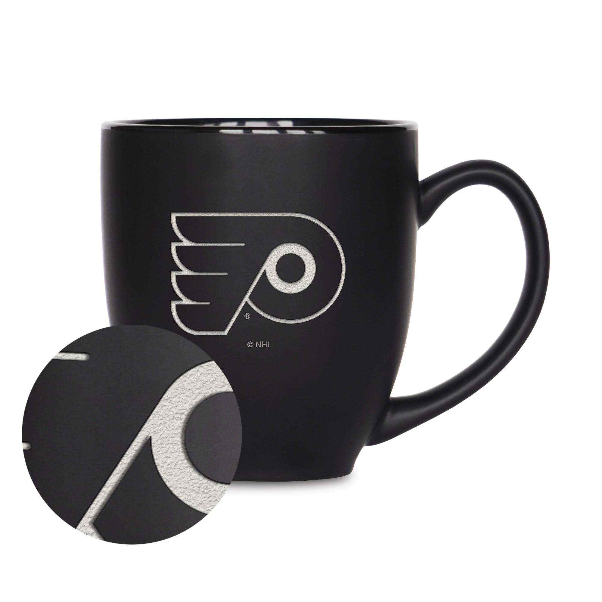 Rico Industries NHL Hockey Philadelphia Flyers 16oz Laser Engraved Matte Black Ceramic Bistro Mug - for Hot or Cold Drinks