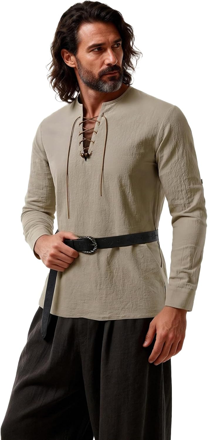 JEMITOP Men's Renaissance Pure Cotton Lace Up Shirt V-Neck Long Sleeve Retro Costume for Medieval Pirate Viking Without Belt - Image 2