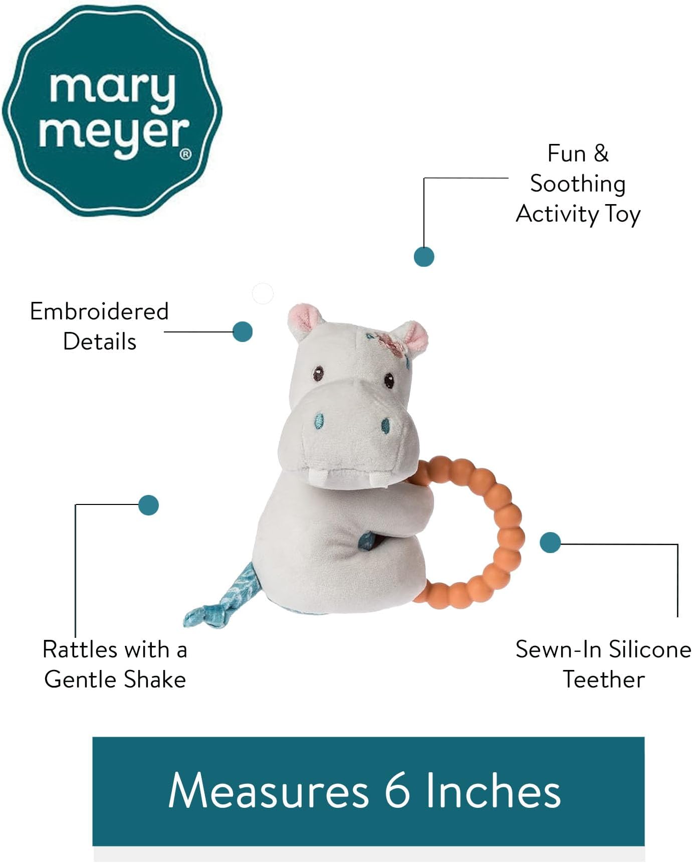 Mary Meyer Soft Baby Rattle with Soothing Teether Ring, 6-Inches, Jewel Hippo