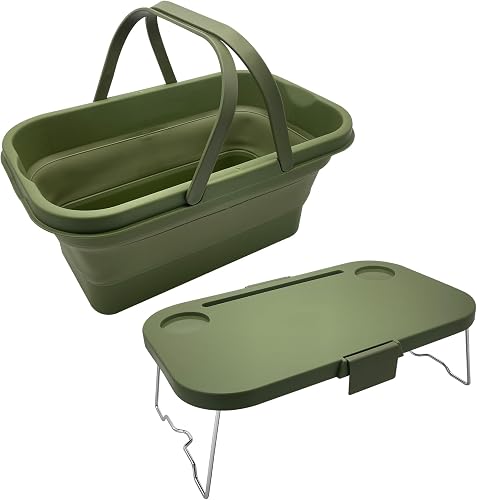 Foldable Picnic Basket Large Capacity Camping Folding Basket with Table Car Trunk Organiser Can be Used as Ice Bucket Suitable for Camping, car Storage, Home Sorting, etc.Dark Green
