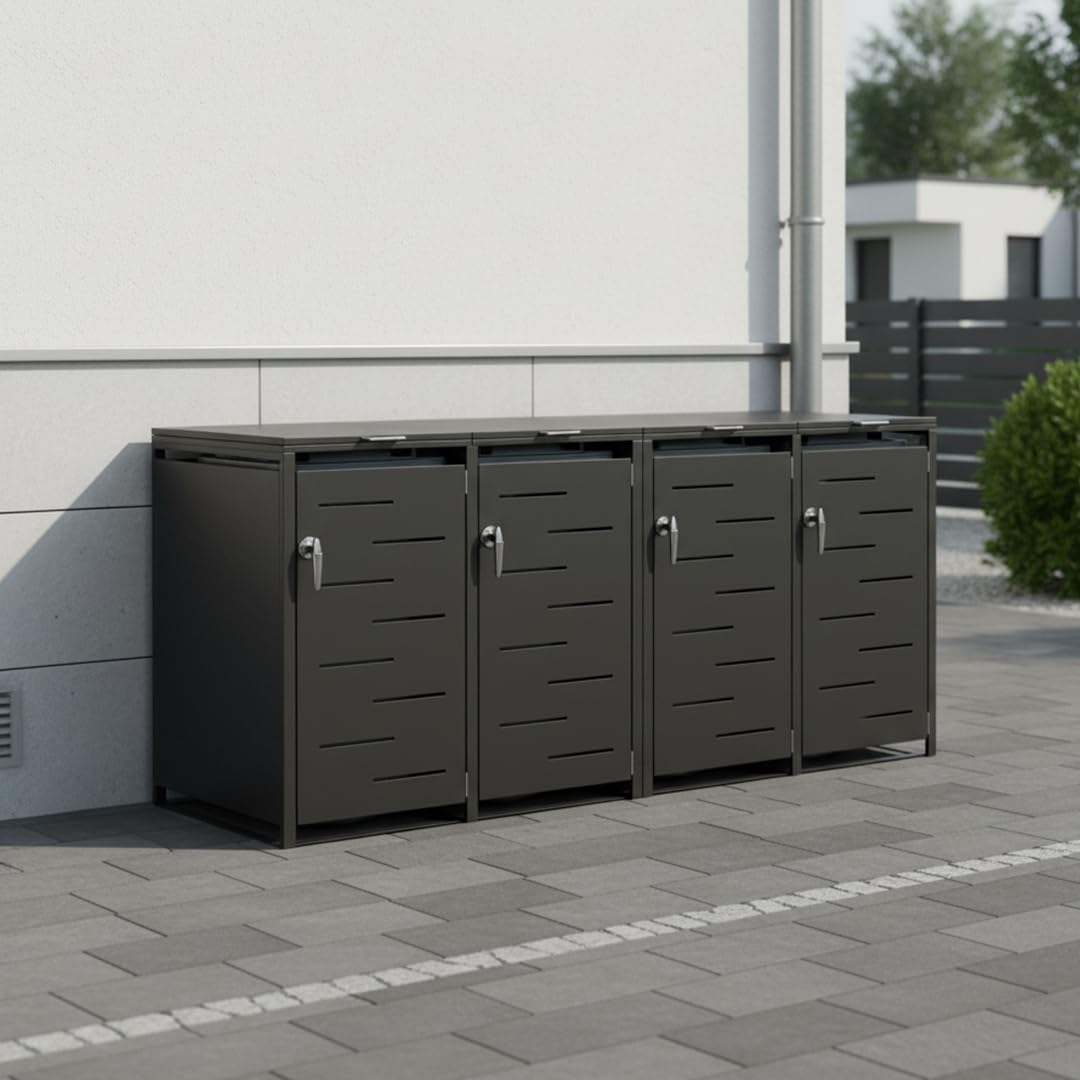 STEELSØN Diorus Mülltonnenbox 4er bis 240L abschließbar – Hochwertige Mülltonnenverkleidung für 4 Tonnen – Müllbox Stahl – Müllcontainer Schwarz - Mülltonnen Box wetterfest – Gerätebox mit Schloss