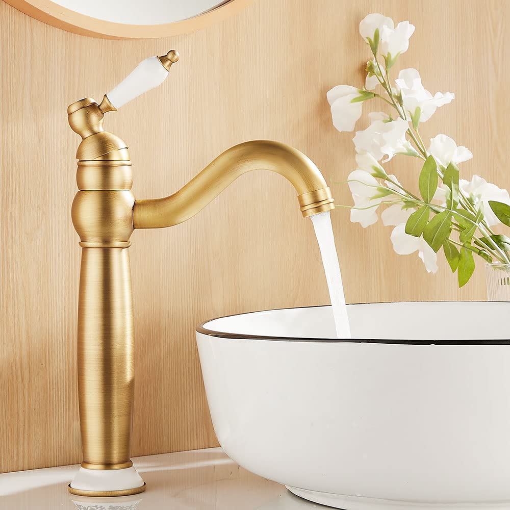 Bathroom Basin Mixer Taps, High Rise Sink Tap for Countertop Basin, Traditional Tall Faucet with Ceramic Lever, Cloakroom Classic Tap, 360° Swivel Spout, Retro Style, Antique Brass