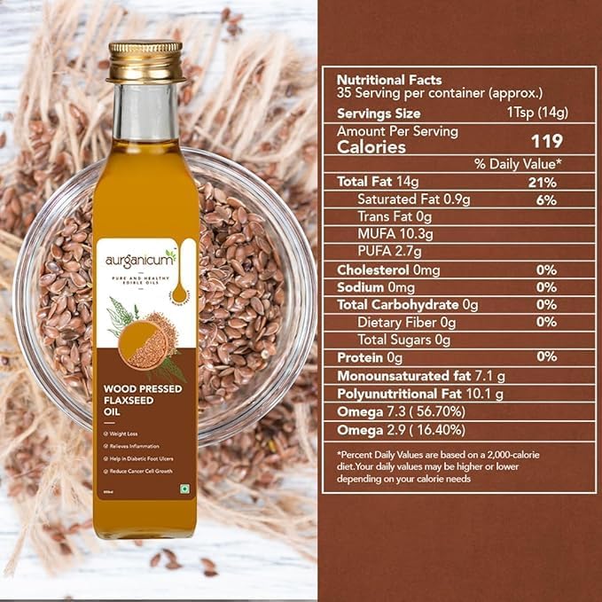 Aurganicum wood pressed flaxseed oil - 100% pure and natural | Cold-represented and unrefined | Essential oil for hair care, skin and well -being. Ideal glass bottle for cooking (500 mL | Glass) Aurganicum wood pressed flaxseed oil - 100% pure and natural | Cold-represented and unrefined | Essential oil for hair care, skin and well -being. Ideal glass bottle for cooking (500 mL | Glass)