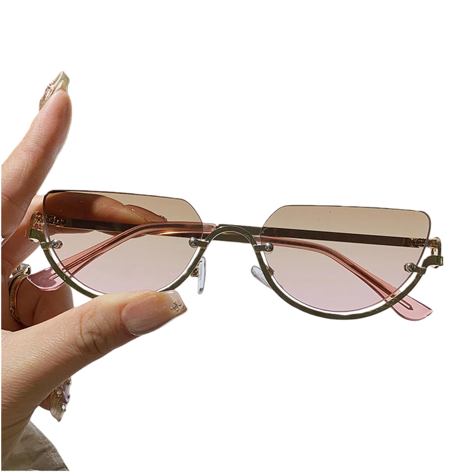 Gyios sunglasses Trendy Unique Semi-rimless Half Circle Rimless Women Men Luxury Metal Shades Glasses Eyewear-gold Frame Brown-pink Lens