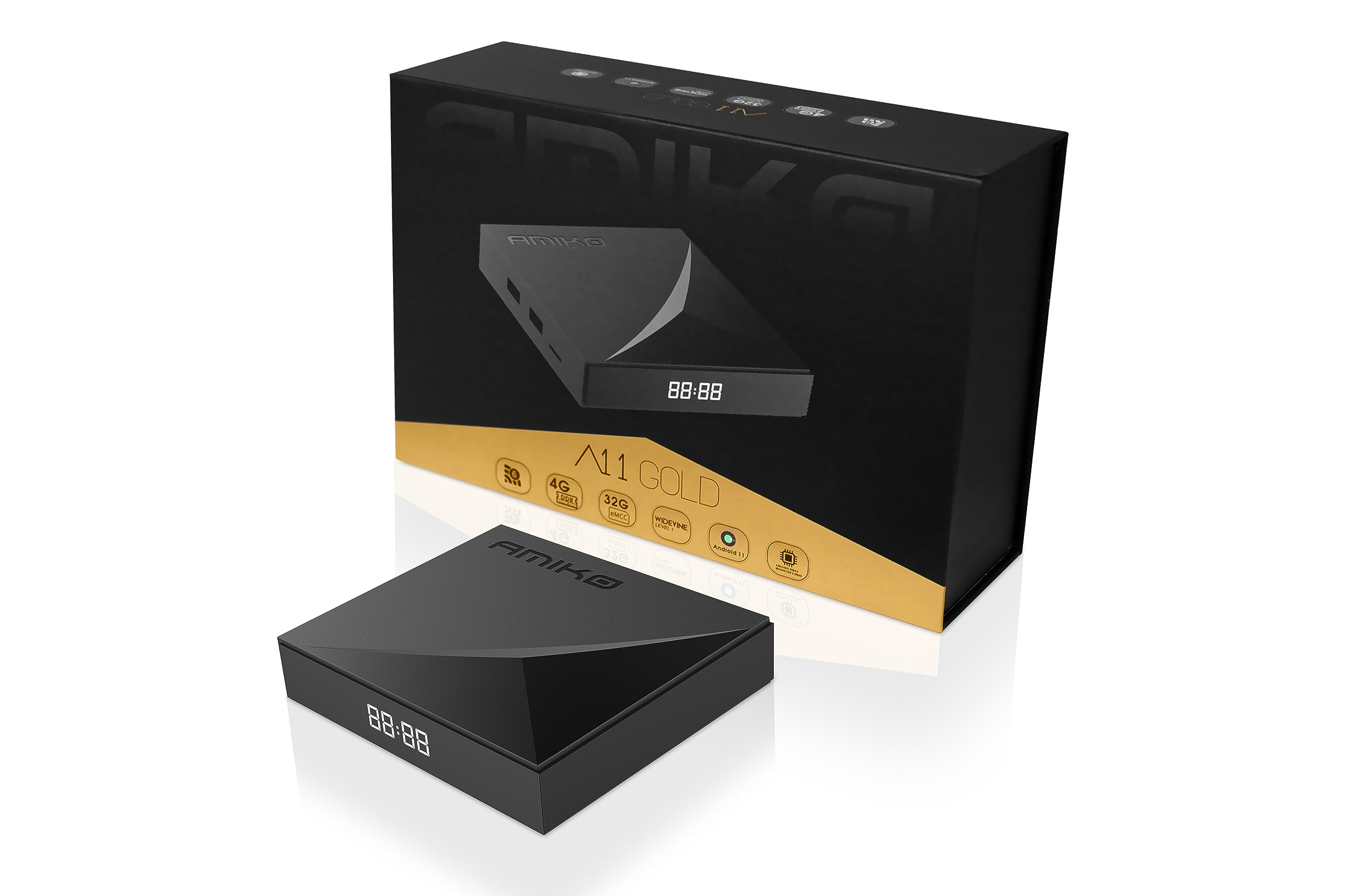 Amiko A11 Gold 4K UHD 4 Go 32 Go Android 11 WiFi Dual Band 100 Gigabit Bluetooth 5.2 USB 3.0 Widevine