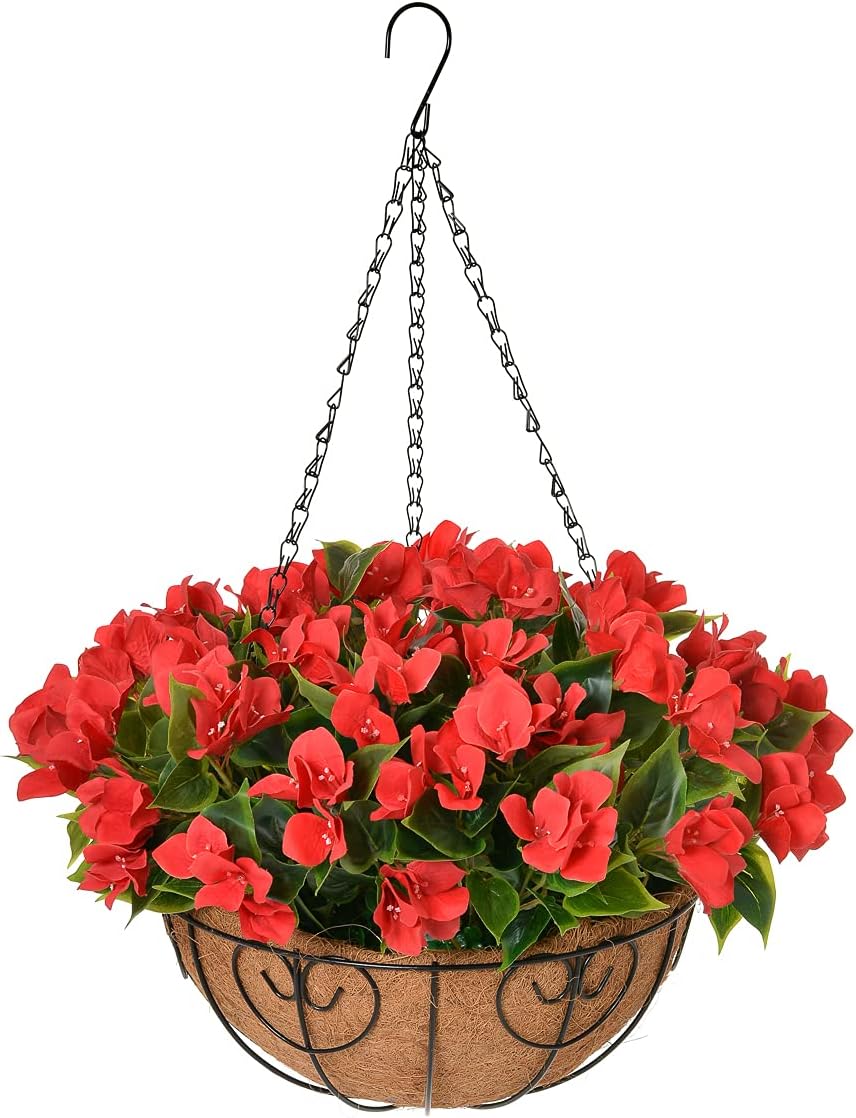 Artificial Flowers Hanging Basket, Fake Hanging Plant Silk Bougainvillea Flowers