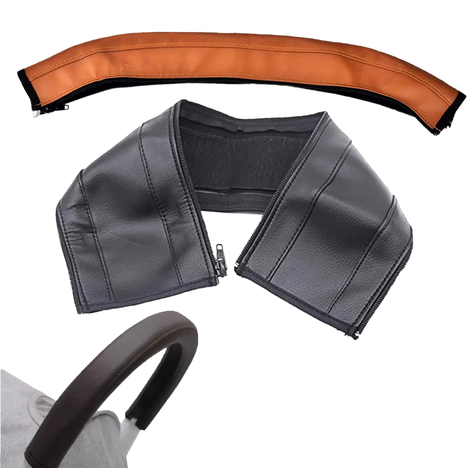2PCS Copri Maniglia Passeggino Marrone, Copri Maniglie per Carrozzina in Pelle di Pu, Protezione Della Maniglia Per Carrozzina,Impermeabile,Impugnatura Antipolvere Copertura-Marrone+Nero