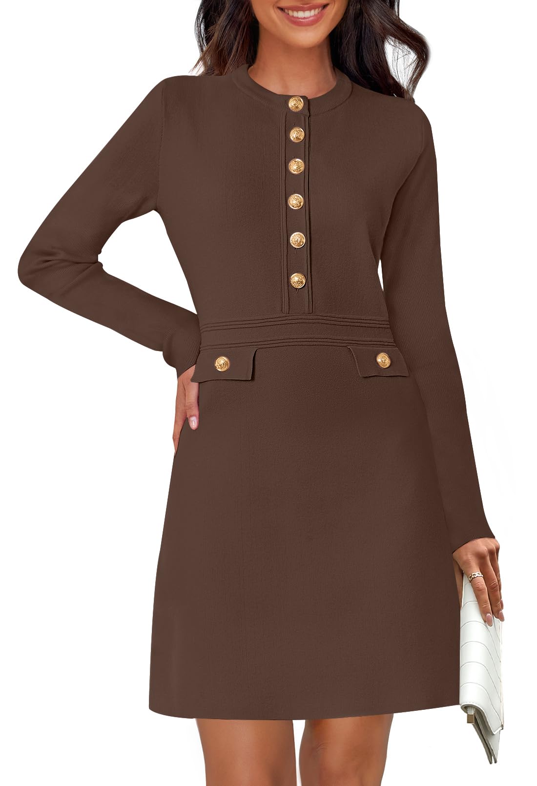 MEROKEETY Womens Fall 2025 Long Sleeve Bodycon Sweater Dress Button Crew Neck Winter Formal Mini Dresses