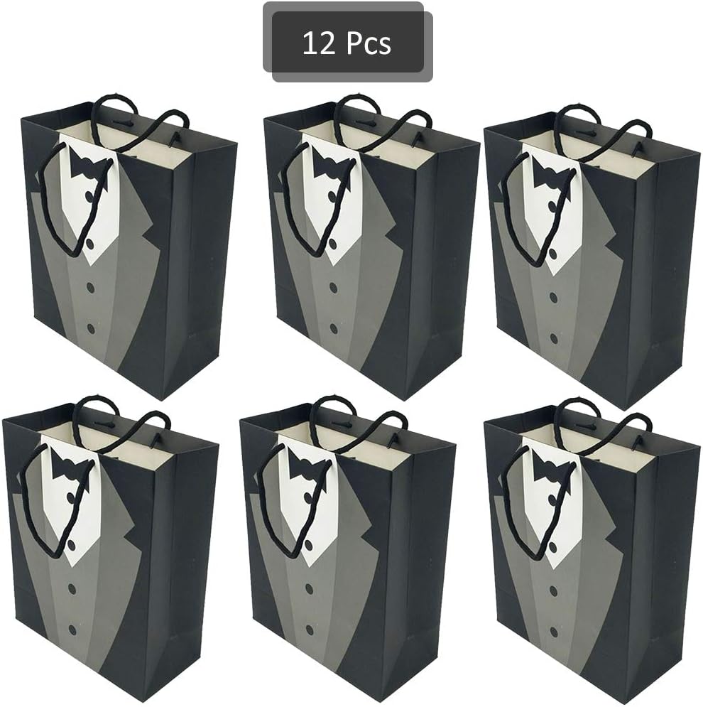 DreamJ 12PCS Groomsmen Gift Bags, PartyBloom 9"x7.5"x3.5" Party Favor Bags Black Kith Tie Shirt Patterraft Paper Bags wn for Wedding Birthday Party Groomsmen Tuxedo Anniversary Shopping Gift Bags