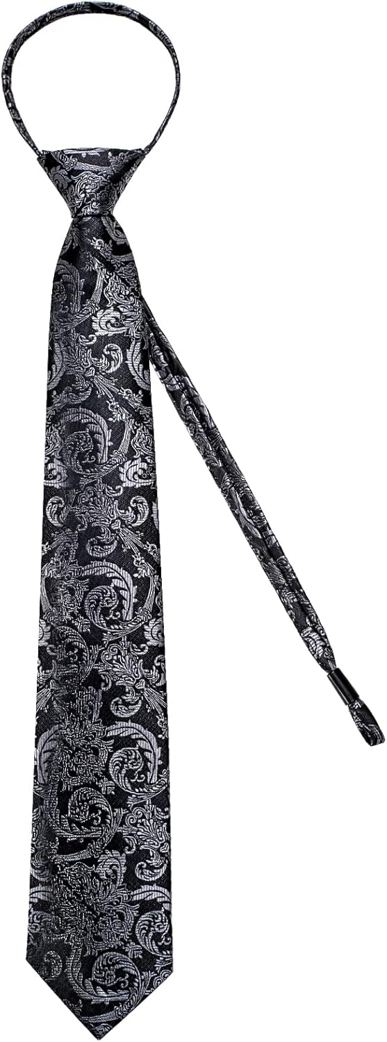 DiBanGu Silk Zipper Ties for Men,Paisley Solid Plaid Pre-tied Tie and Pocket Square Cufflinks Set Formal Adjustable Necktie - Image 4