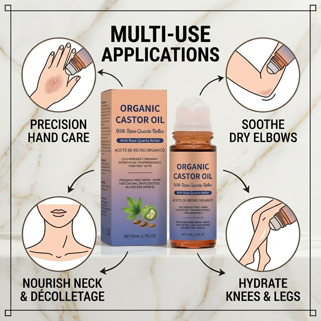 Castor Oil Rose Quartz Roller Ball | Roll on for Skin, Face, Hair, Scalp, Brows & Lashes | Deep Hydration & Anti‑Aging | Dry & Sensitive Skin | Self Care Gift for Massage | Travel Size |1.7 Fl Oz