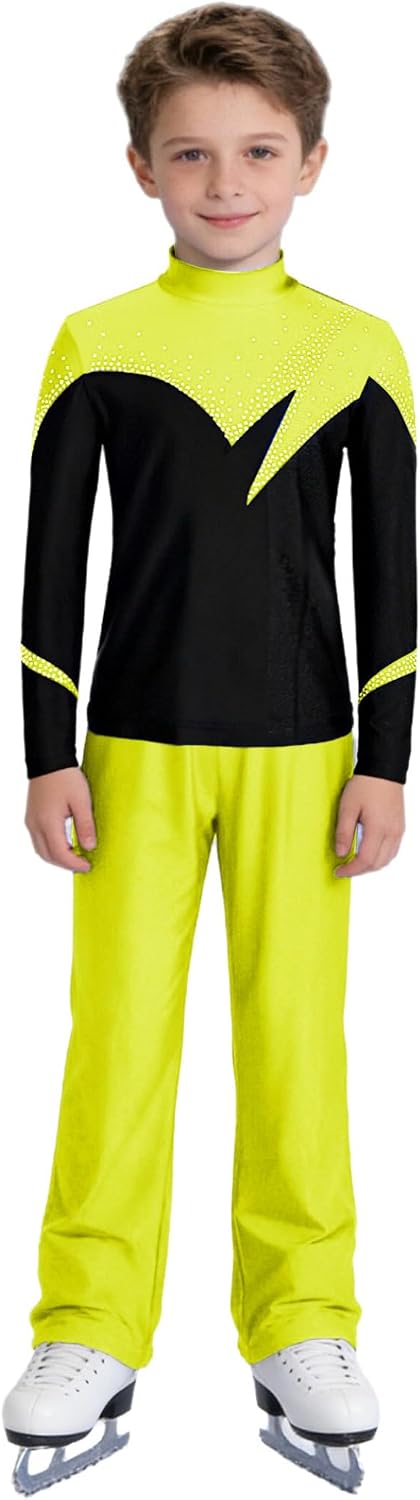 Kids Boys Figure Ice Skating Suit Long Sleeve Rhinestone Top with Pants Dance Outfit for Training Practice Fluorescent Yellow 16 Years