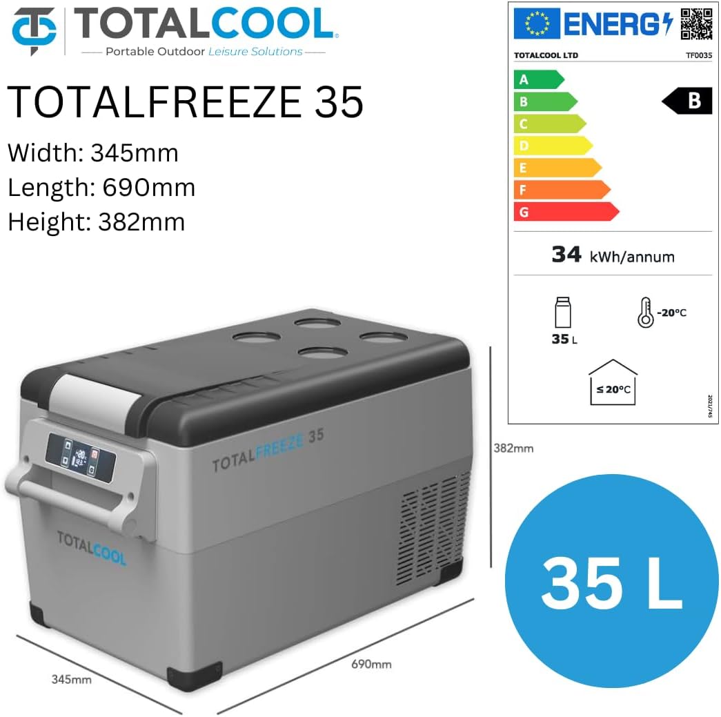 Diagram showing the dimensions of the Totalfreeze 35L unit (Width: 345mm, Length: 690mm, Height: 382mm) and its 35 Litre capacity, along with an energy efficiency label.
