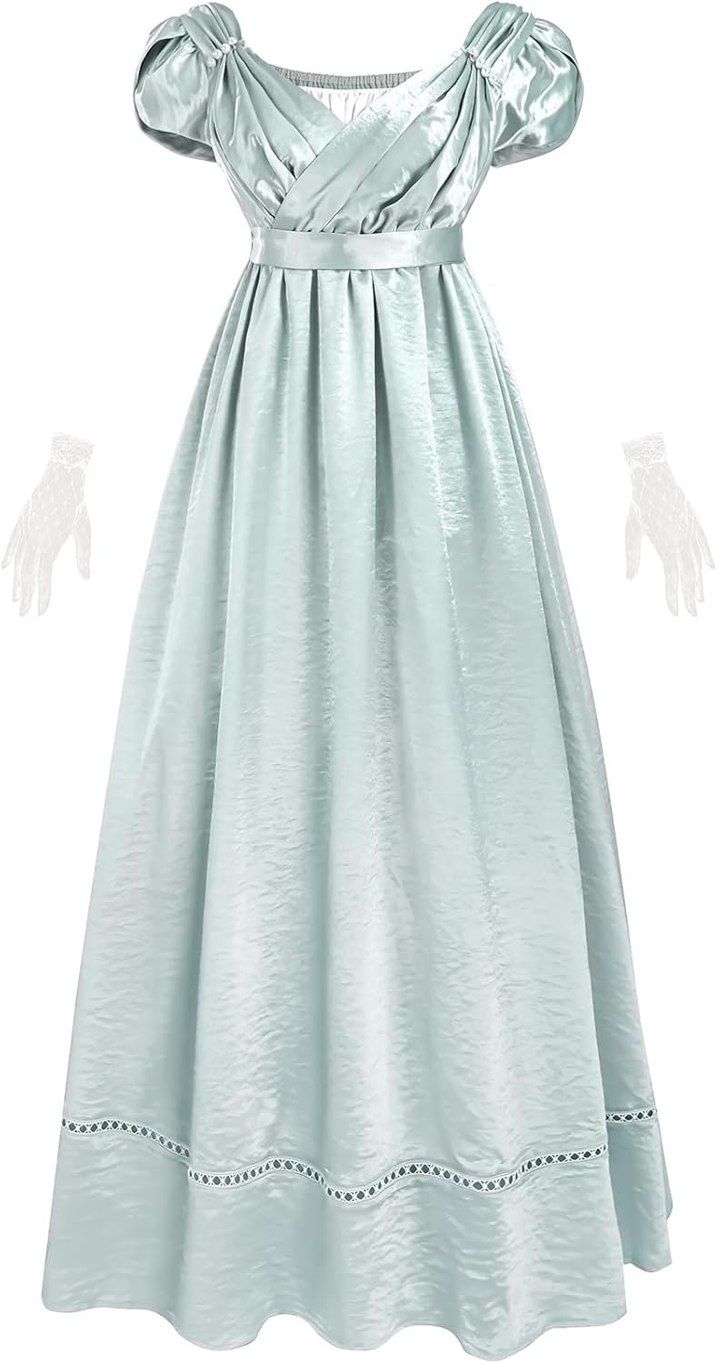 FCCAM Regency Dresses for Women Empire Waist Victorian Dress Short Sleeve Regency Ball Gown with Lace Gloves
