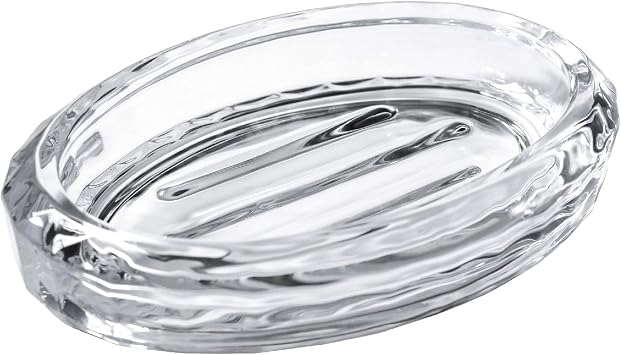 Glass Soap Dish for Bathroom Countertop, Shower, Kitchen Sink, Oval Heavy Bar Soap Holder with Raised Ridges, Transparent, 1 Pack