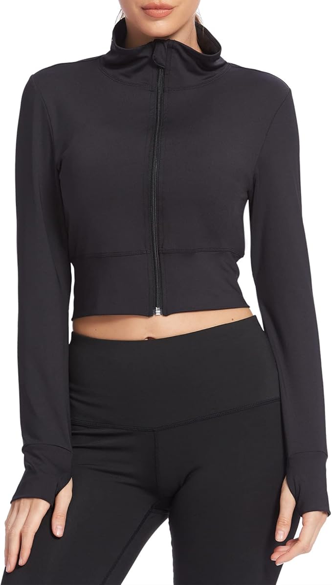 Women's Athletic Jacket Front Full Zip Lightweight Slim Fit Cropped