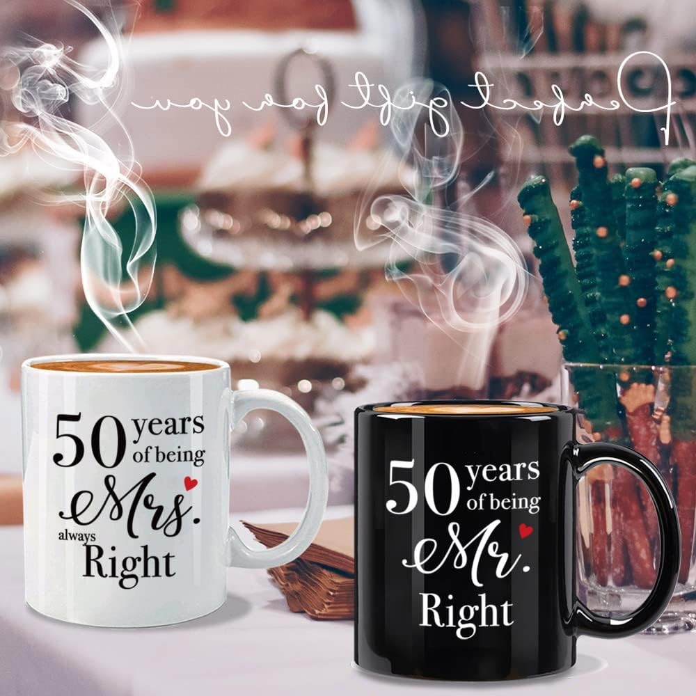 FALJIOK 50 Year Anniversary Coffee Mugs Set of 2, 50 Years of Being Mr Right & Mrs Always Right Mug 11oz, 50th Wedding Anniversary Mug Gifts for Couple Parents Grandparents - Image 4