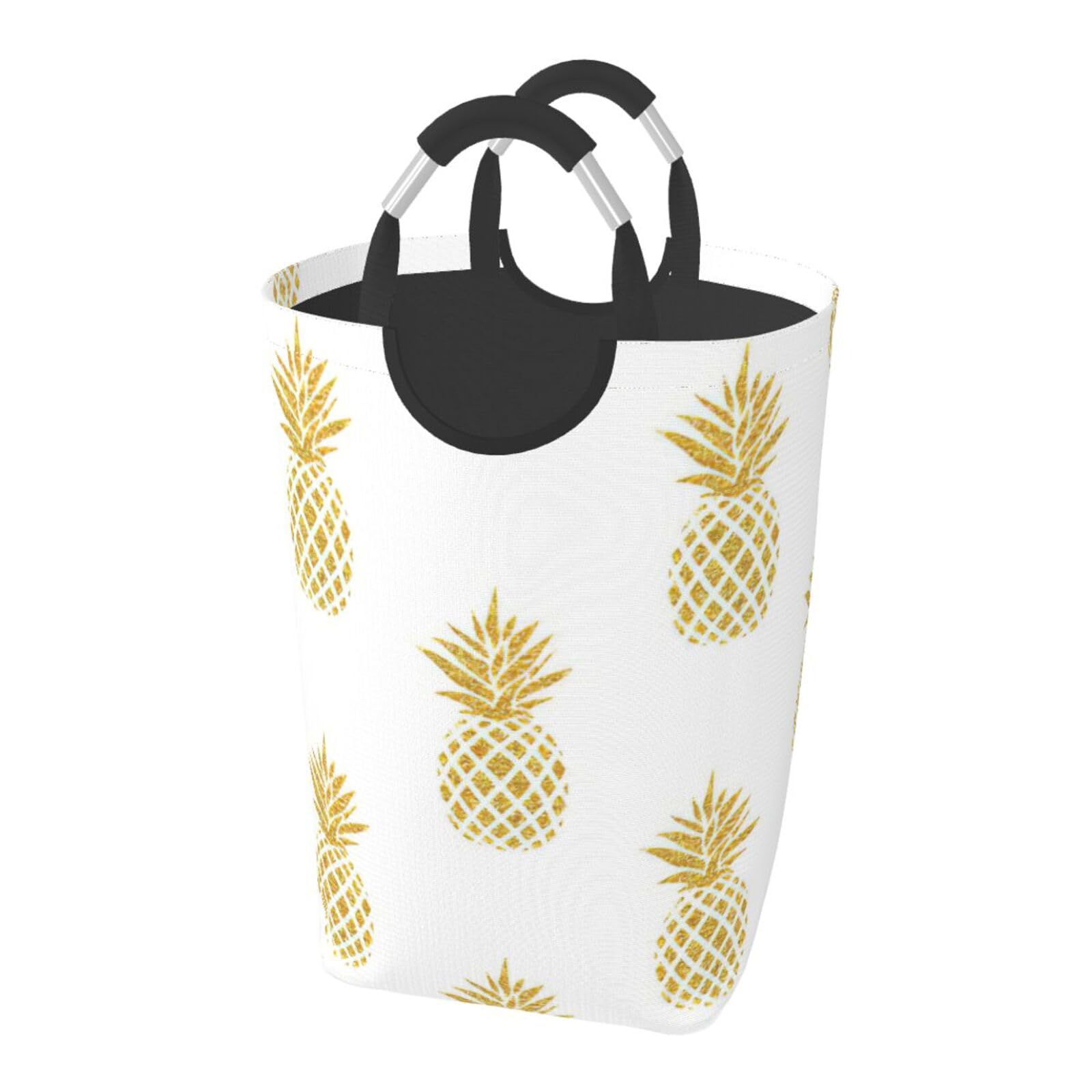 Gold Pineapple Background Print Laundry Hamper Collapsible Baskets With Handle Dirty Clothes Hamper Bag For Dorm Family Bathroom Decor Storage ﻿