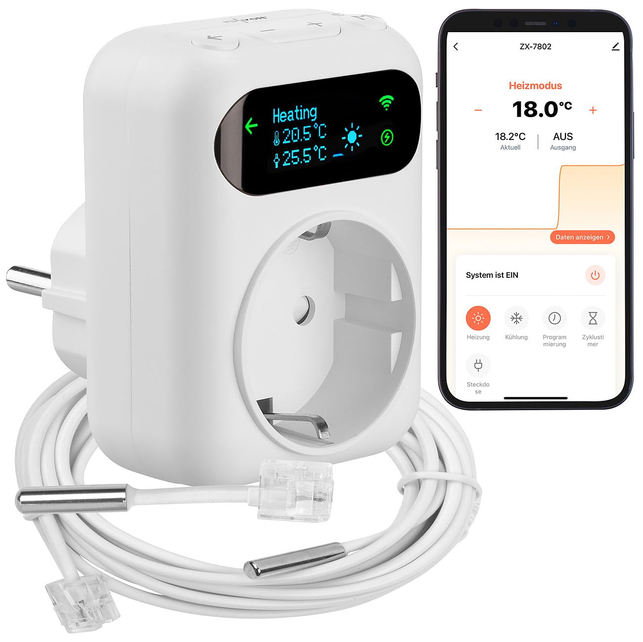 revolt Stecker: WLAN-Steckdosen-Thermostat für Heiz- & Klimageräte, App, 2 Sensoren (Heizungs-Thermostat WLAN, Smart Steckdosen, LAN)