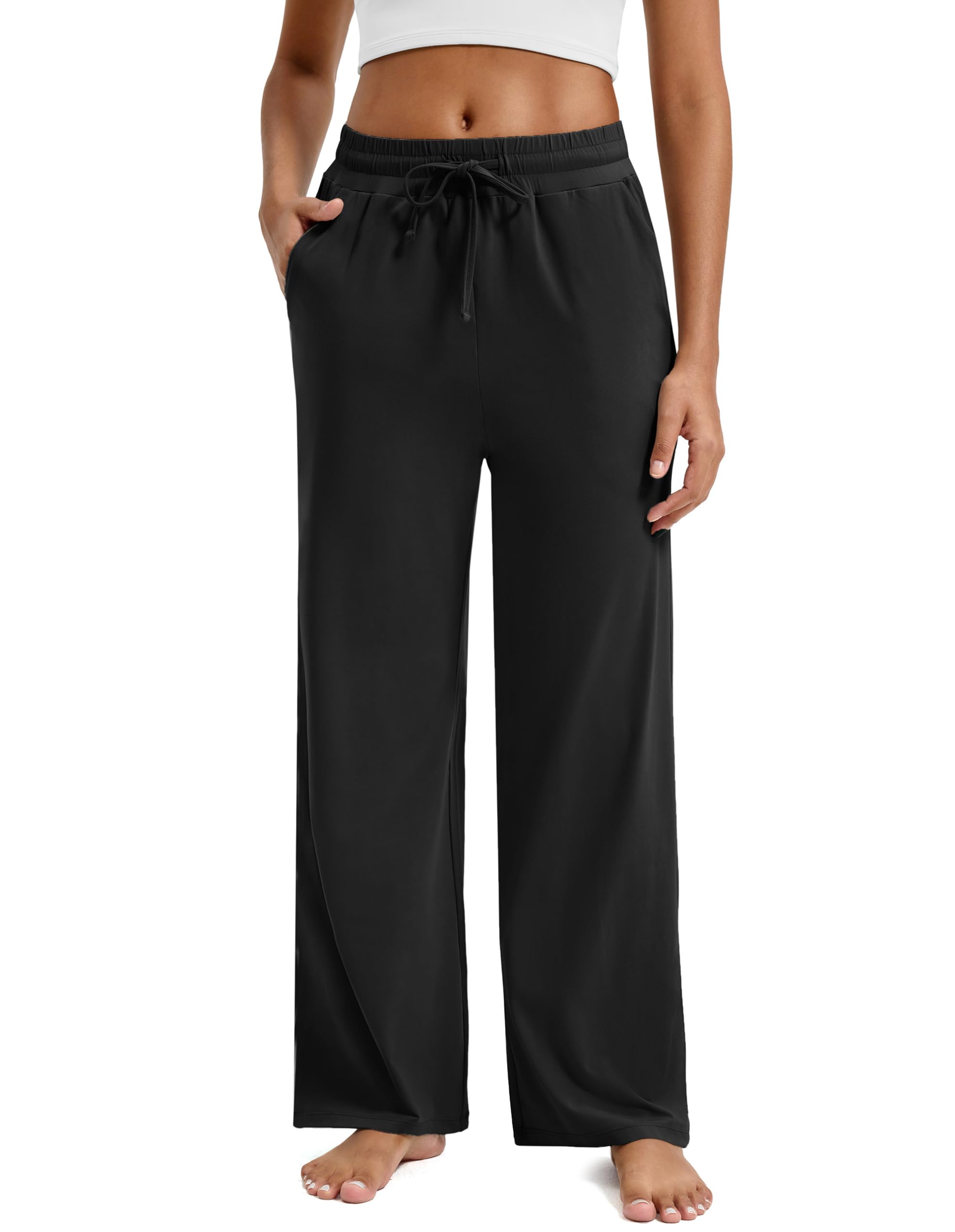 Maxbee Wide Leg Pants Woman Yoga Pants with Pockets Casual Loose Drawstring Sweatpants Comfy Lounge Pajama Pants Black