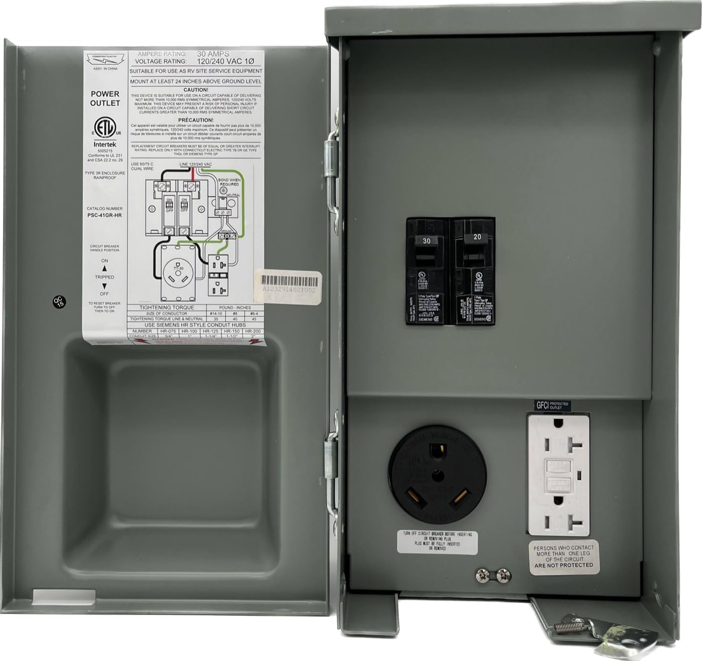 Temporary Power Outlet Panel with 20A/30A Breakers, TT-30R & 20A GFCI Outlets | Indoor/Outdoor Use | ETL Listed