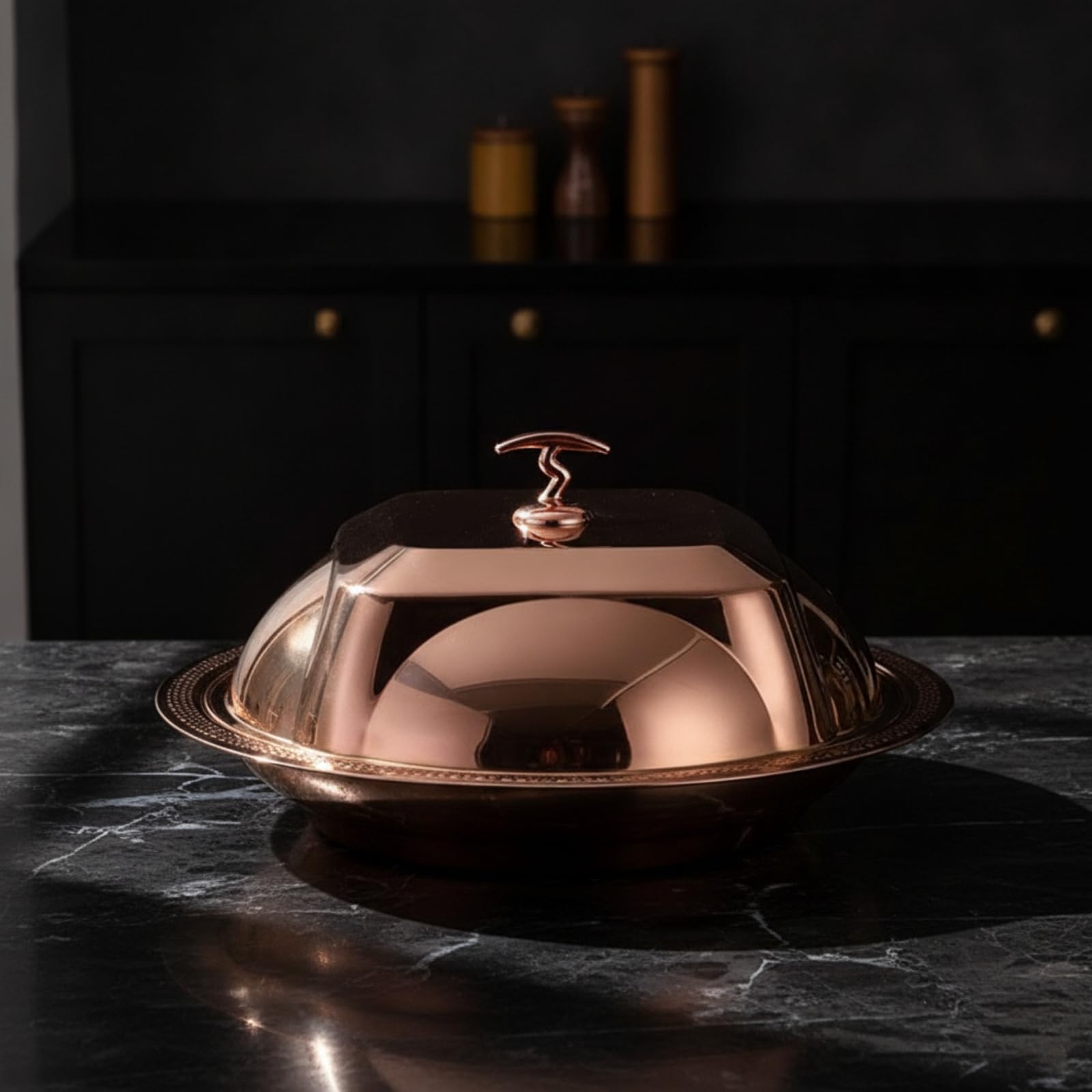 Copripiatto a Cupola con Piatto Dorato Cloche con Maniglia in Acciaio Inox Copripiatto Maniglia per Ristoratori, Ristorante, Buffet, Oro Rosa, 36cm