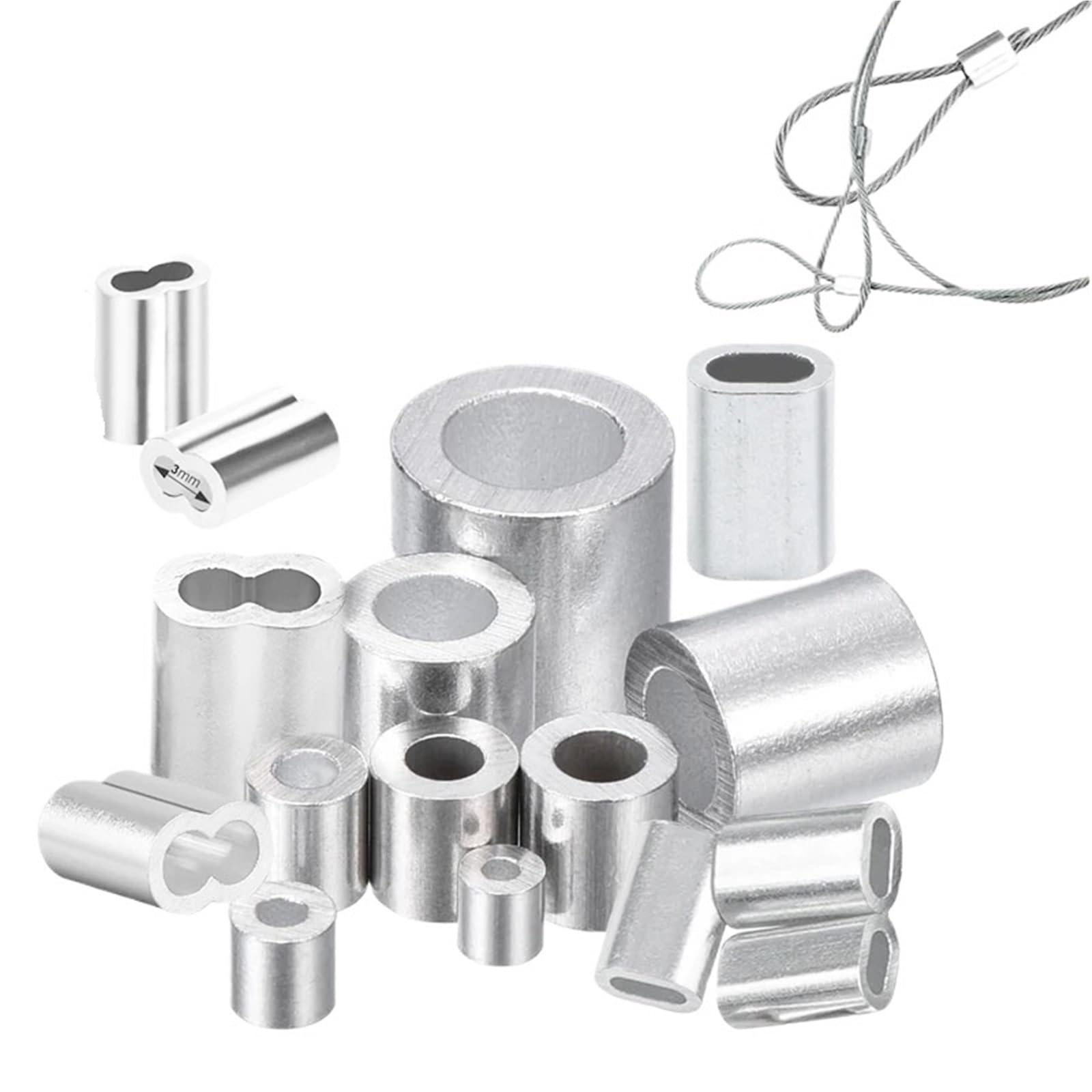 Manchon à boucle à sertir en aluminium, Manchons à sertir en aluminium M0.5-M12, trou circulaire simple et Double, paquet de 5 500 pièces for câbles métalliques(M3 200pcs Two hole)
