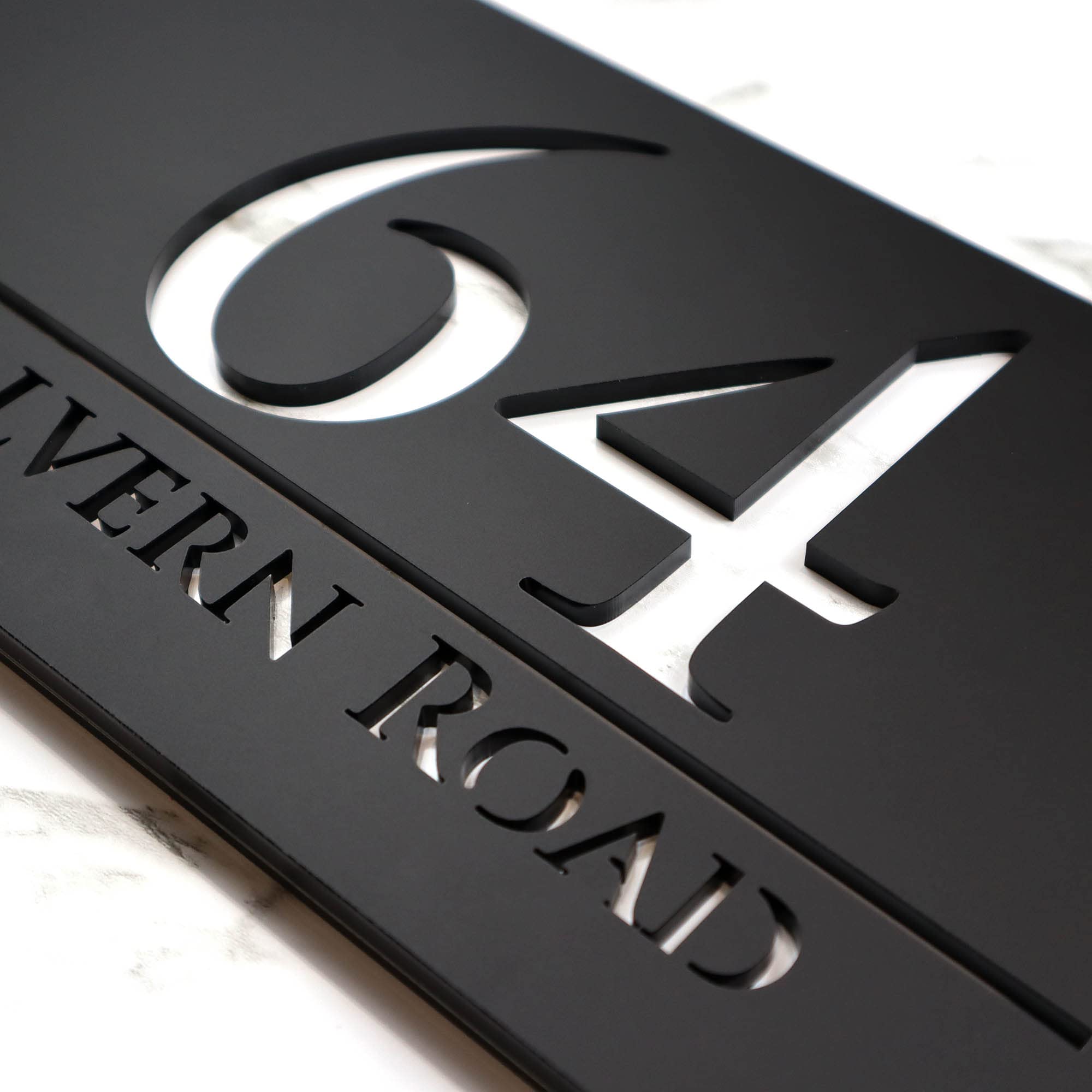 K Smart Sign | Bellissima H3 F32 | Matt Black | 300mm x 160mm | 3d Laser Cut Contemporary house sign door number plaques address signs mirror finishes (Matt Black & White Marble Effect)