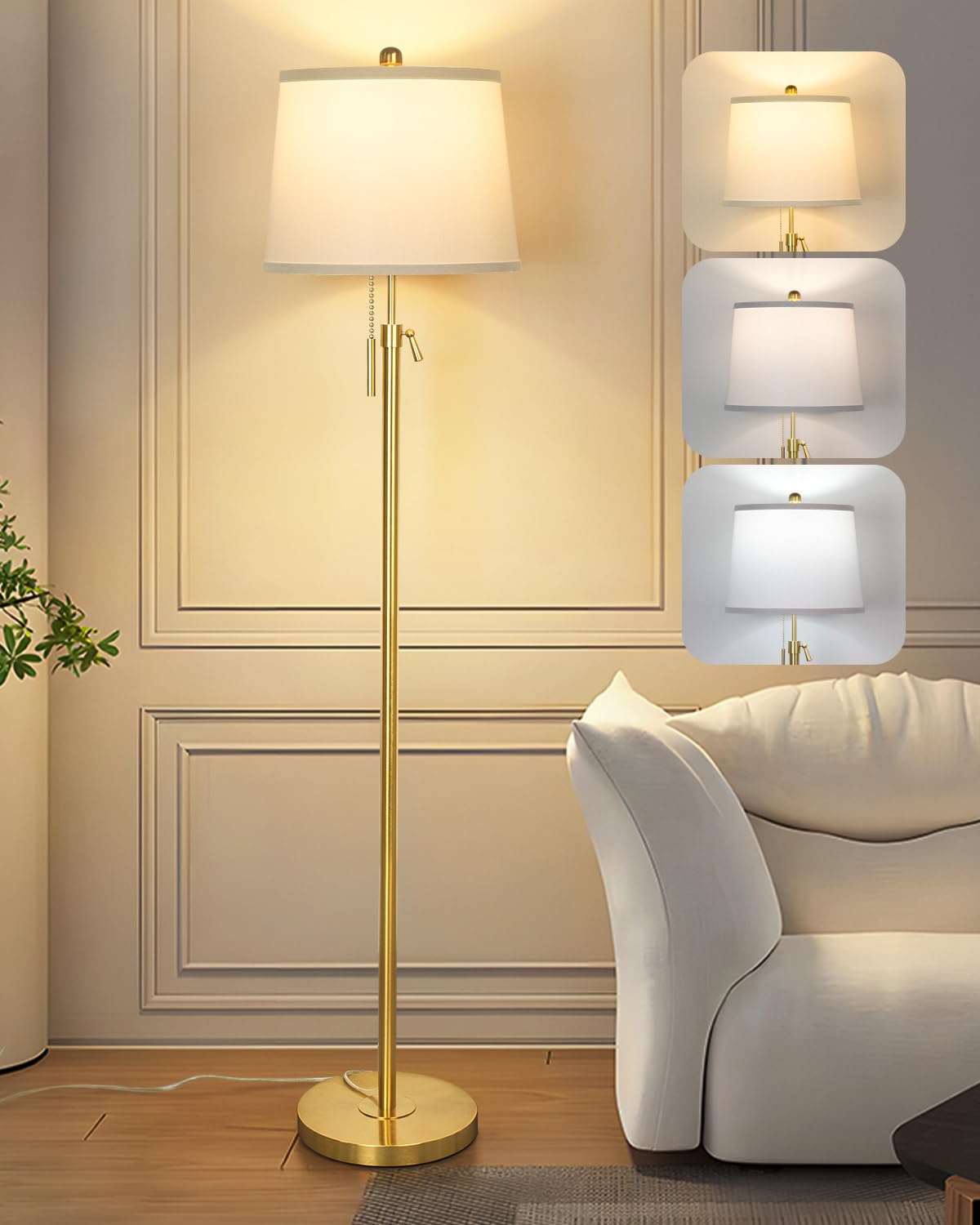 Qingmiao Floor Lamp, Modern Floor Lamps for Living Room, 55"-65" Height Adjustable & 9W 3 Colors Temperature Bulb,with Lampshade, Tall Standing Lamp for Bedroom Reading Office -Gold