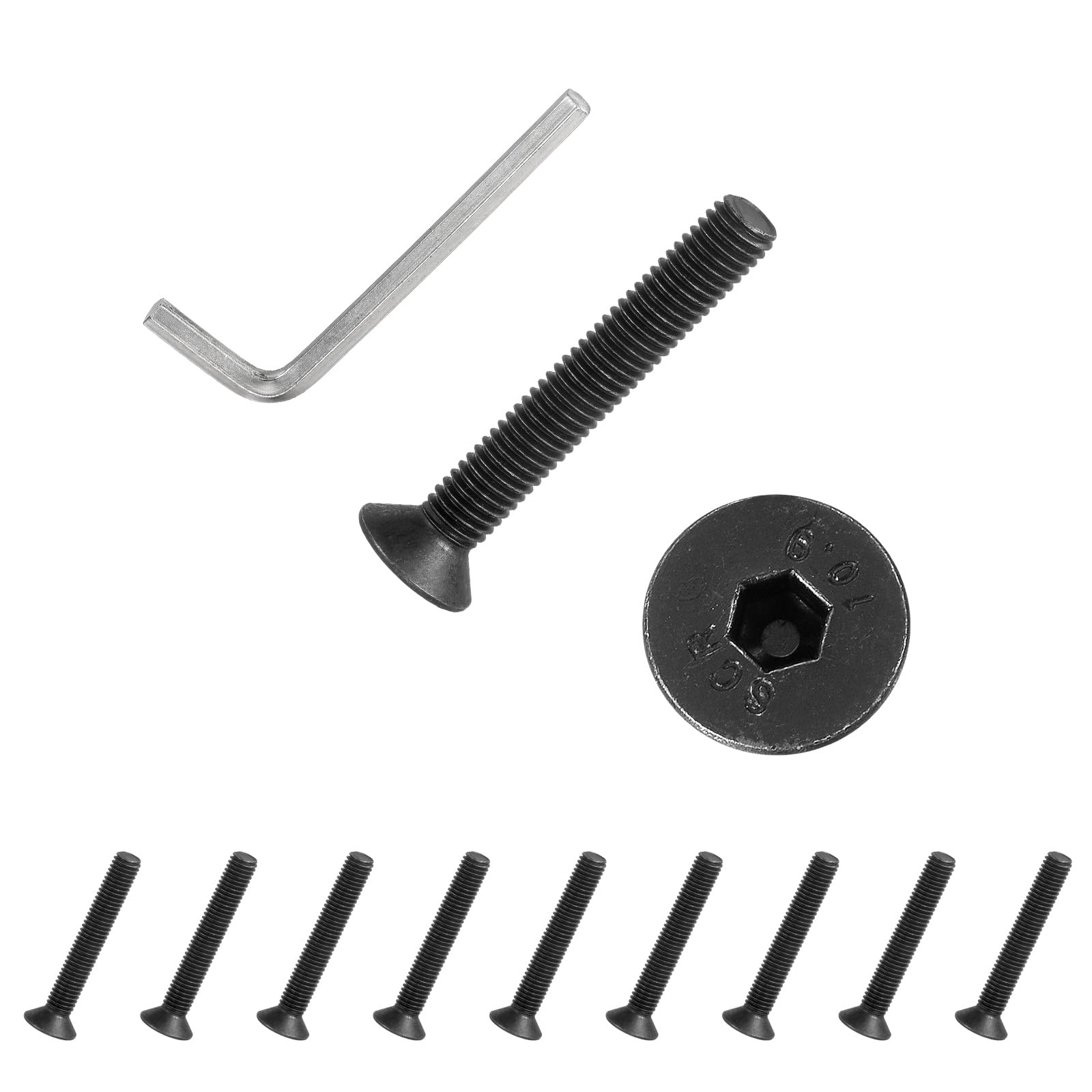 PATIKIL M8x55 mm Flat Head Socket Cap Screws, 10 Pcs Carbon Steel Flat Countersunk Bolts Hex Socket Drive Machine Screws Full Thread Grade 10.9 with Hex Spanner, Black