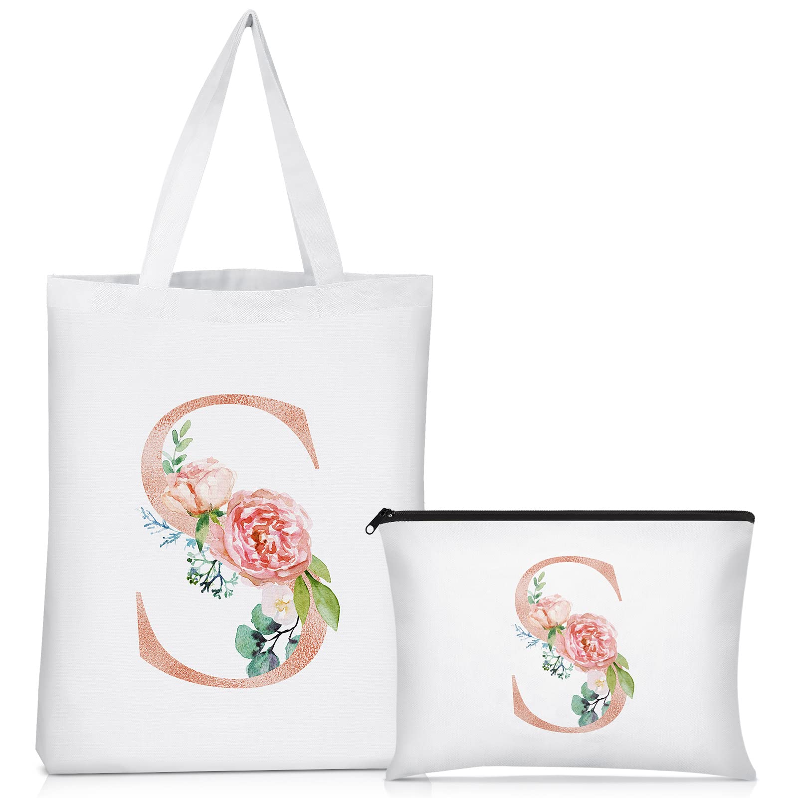 Sanwuta 2 Pcs Initial Canvas Tote Bag Wedding Gift Floral Letter Travel Cosmetic Bag Monogrammed for Woman Wedding