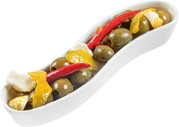 Restaurantware Swerve 6 Ounce Olive Plate 1 Curved Olive Tray - Large Chip Resistant White Porcelain Olive Canoe Dishwasher Safe For Snacks Condiments Or Appetizers