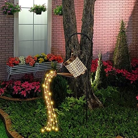 Watering Can Solar Lights Garden, LED Watering Can Lights Star Shower Outdoor Art Light(with Bracket) Decorative Retro Metal Solar Waterfall Lights for Table Patio Yard Pathway Walkway Cover
