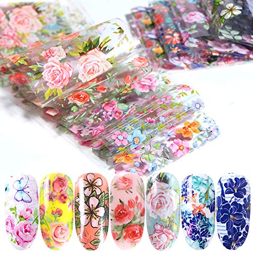 10 Sheets Flower Nail Art Sticker Foil Transfer Nail Decals for Women DIY Supplies Colored Flowers Starry Sky Manicure Transfers Tips Design