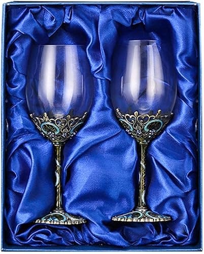 Comeon Copas de vino transparentes hechas a mano, copas de vino tinto, juego de 2 copas de esmalte floral (azul)