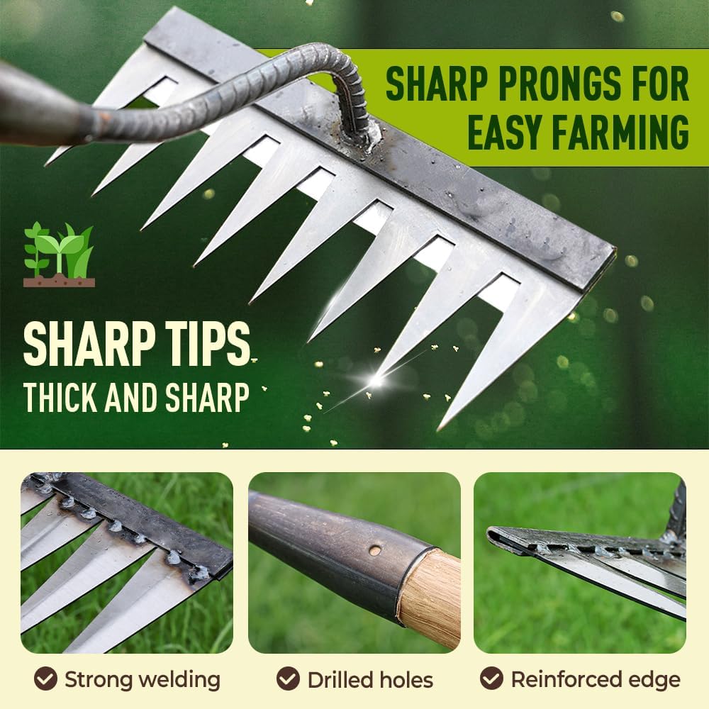 Iron Weeding Rake 2.0, 2026 New Detachable Gardening Hand Weeder Tool Teeth Carbon Steel Garden Weeder Rakes, Heavy-Duty Weed Puller Tool for Yard Lawn Farm Gardening Weed Claw Remover Tool (7 Teeth)