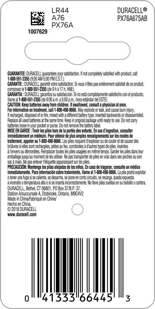 Duracell 76A 1.5V Alkaline Battery, 4 Count Pack, 76A 1.5 Volt Alkaline Battery, Long-Lasting for Medical Devices, Watches, Key Fobs, and More : Electronics