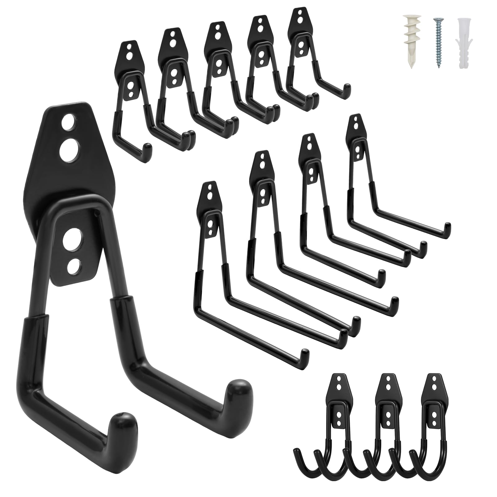Pack Heavy Duty Garage Hooks – Wall Mounted Utility Hangers for Tools, Ladders, Bikes, Garden Equipment – Strong Metal Hooks with Non-Slip Coating for Shed, Workshop, Garage Storage (Black)