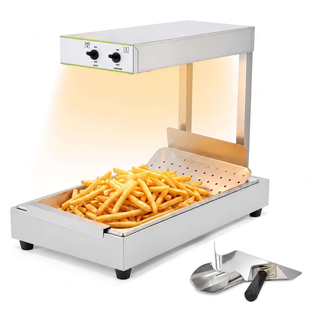 750w Pommes-Frites-Wärmer, Pommeswärmer, Tabletop Edelstahl Pommes Frites Wärmelampe, Wärmebrücke mit Beleuchtung, für Chips, Frittierte Lebensmittel, 33 x 56 x 46,5cm