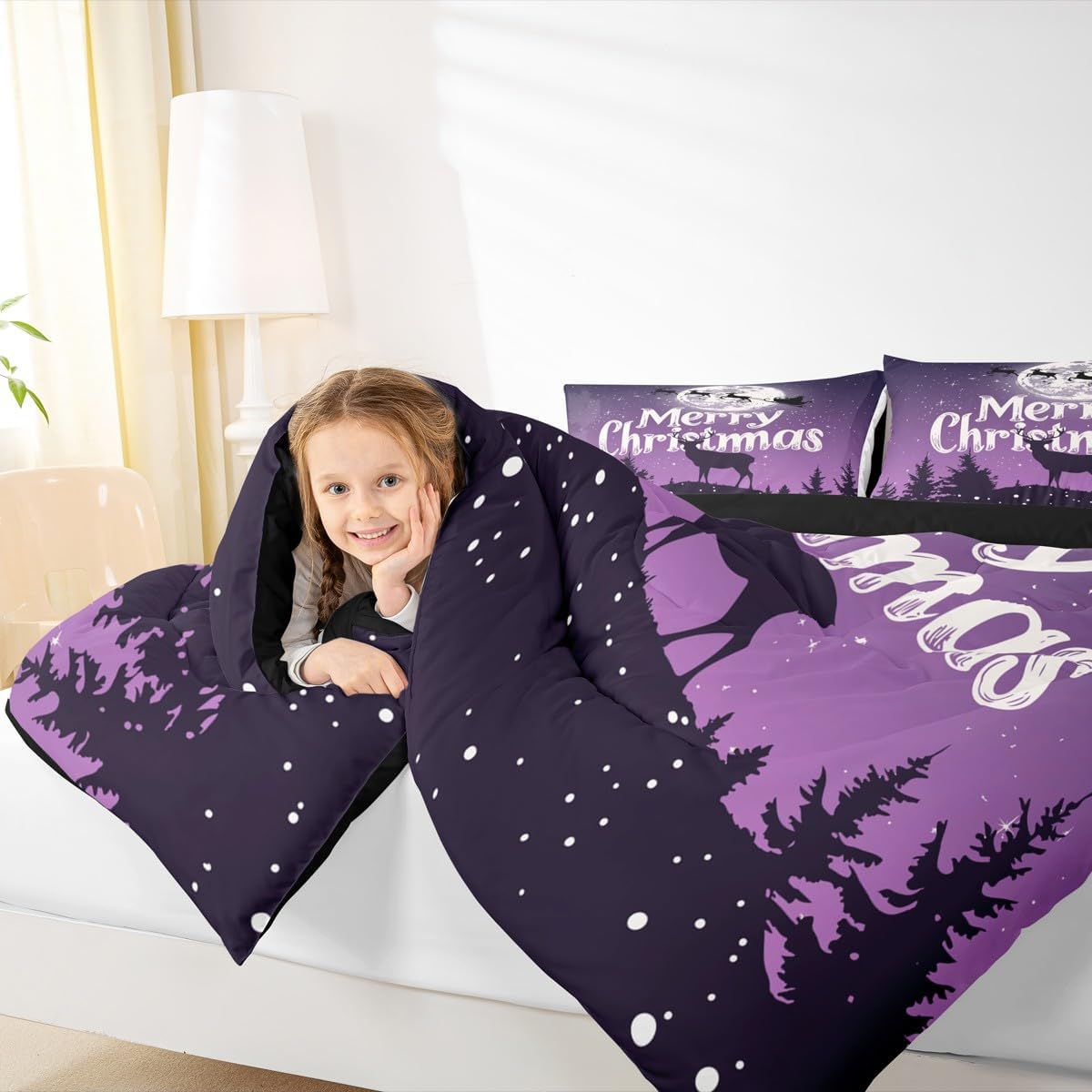 Merry Christmas Comforter Set Queen Size Deer Elk Bedding Set for Kids Girls Women Snowflakes Xmas Santa Tree Down Comforter Purple Black Holiday Night Moon Quilt Set Warm Soft Bedroom Decor