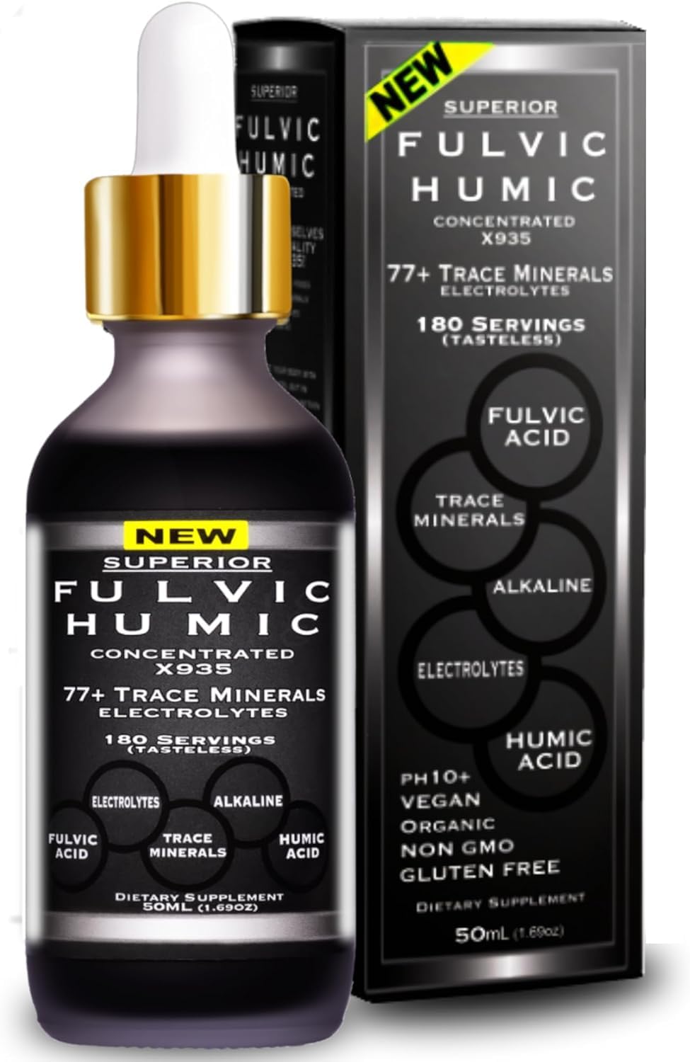 Fulvic Humic Mineral Blend – 180 Servings | Superior X935 Humic and Fulvic Acid Supplement | 77+ Trace Mineral Drops with Electrolytes | Improve Gut Health, Leaky Gut Repair with Fulvic Acid Organic