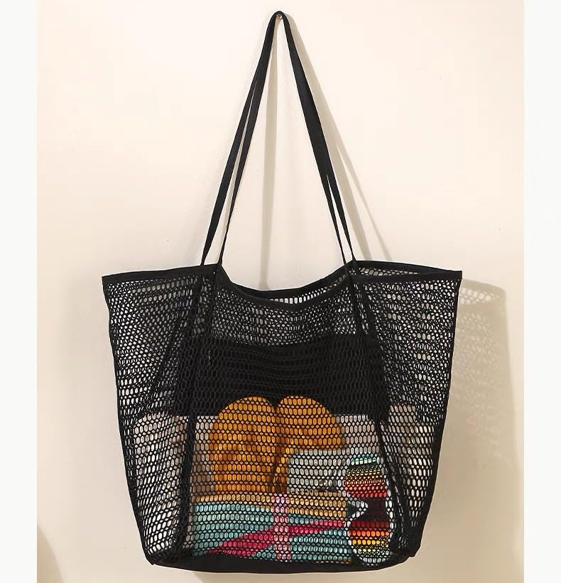 Image of Breathable Mesh Beach Tote Bag for Women - Lightweight Hobo Shoulder Bag for Travel, Pool & Vacation