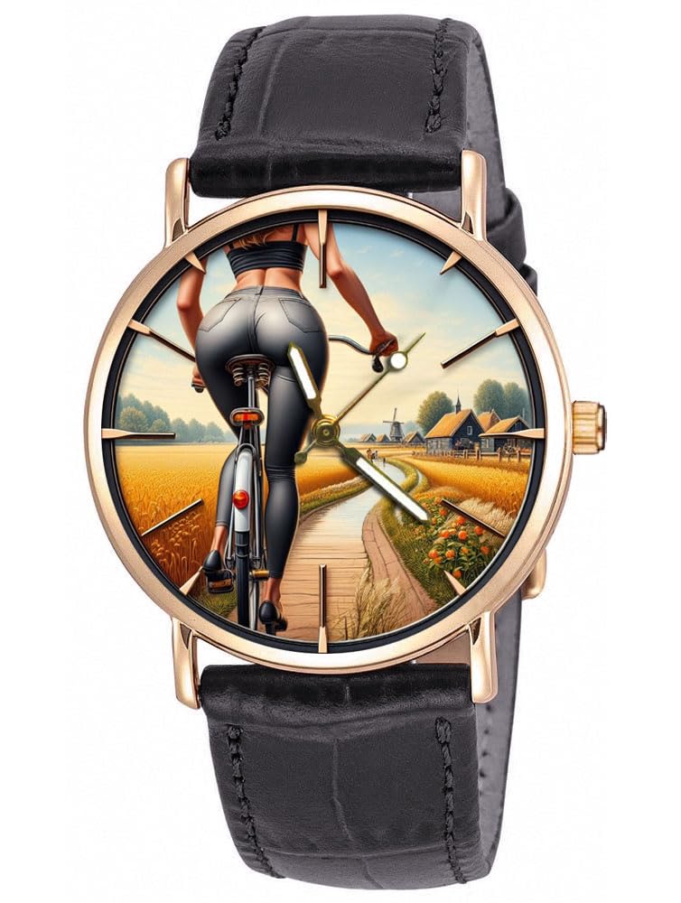 HandmadeErotic Girl with Beautiful Butt in Blue Jeans on Bicycle, Dutch Countryside Art Solid Brass Unisex Watch