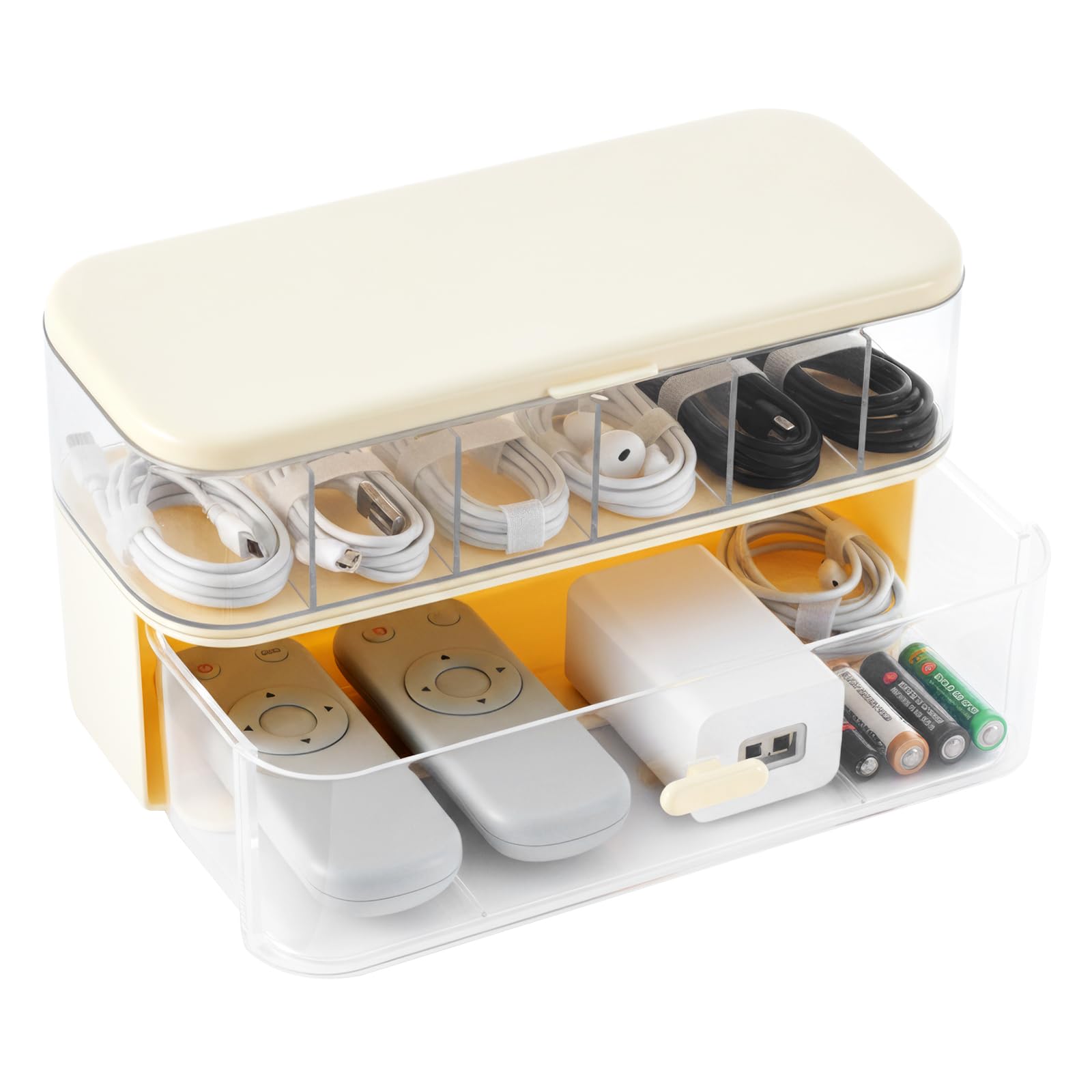 EVERGOODS Dual Layer Charger Storage Box 7 Compartment Data Tidy Cable Management Box, Cord Organizer Box for Desk - Holds Chargers Plastic Storage Box for Charger Organiser (Cream, 8.9"x3.7"x4.9")