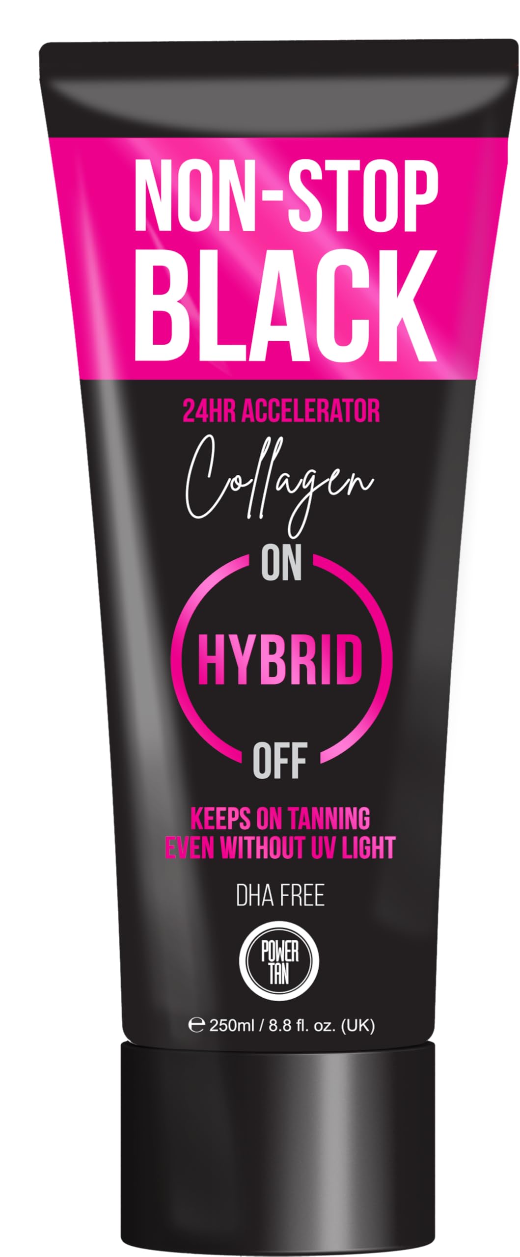Power Tan Non-Stop Black Collagen Tanning Accelerator Cream 250ml – DHA Free, 24-Hour Dark Tan Lotion with Algotan-P, Tingle-Free, For All Skin Types