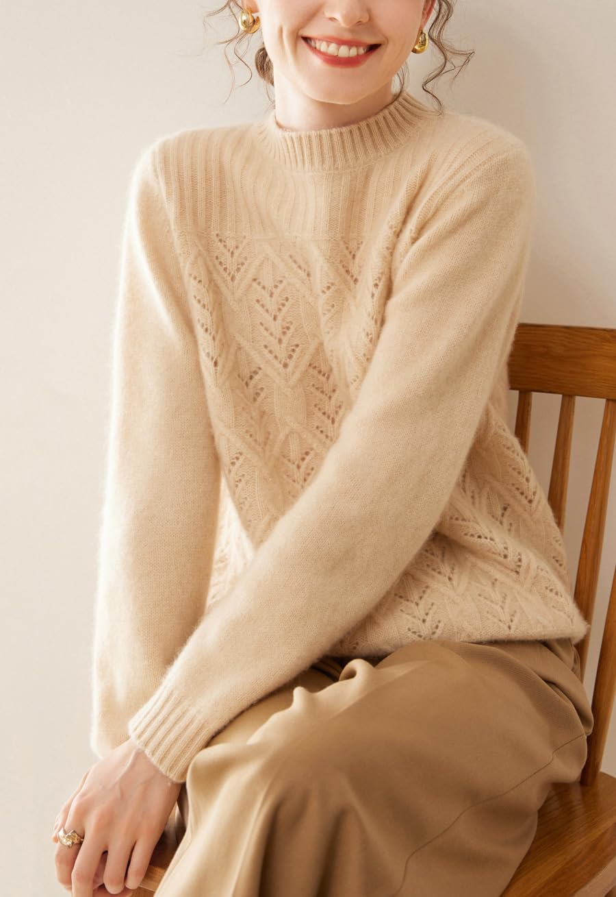 E-girl Maglione da donna 95% cashmere, girocollo, a maniche lunghe, lavorato a maglia, da donna, in lana di cashmere, con crepe, rilassato, DF8091